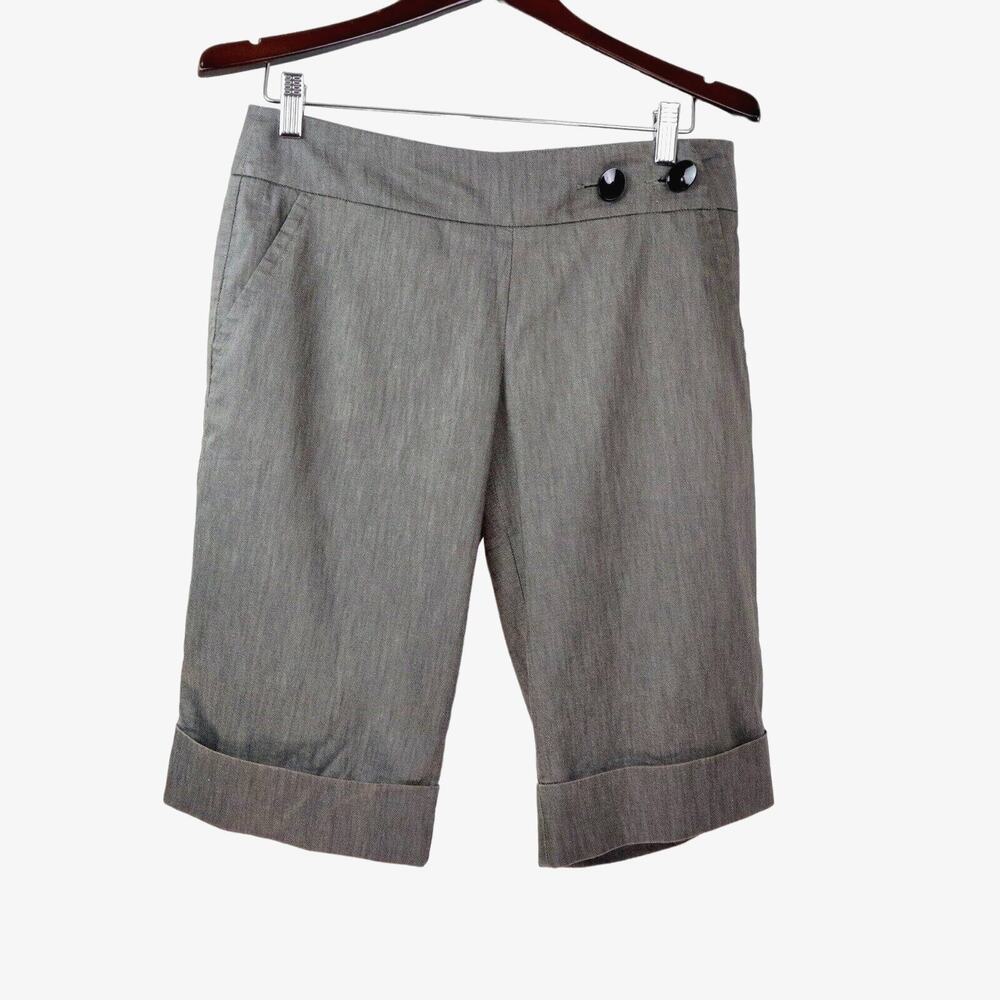 Trina Turk Size 6 Bermuda Shorts Cuffed Hem Flat Front Button Gray